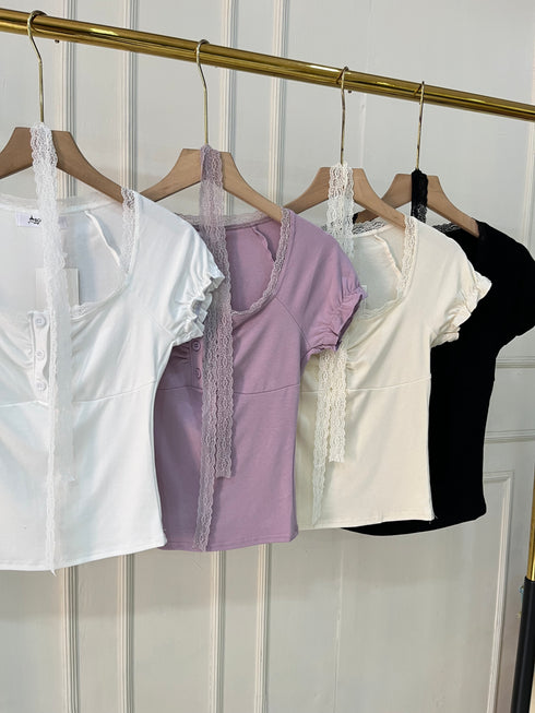 Wide Neck Button Down Lace Detail Tops